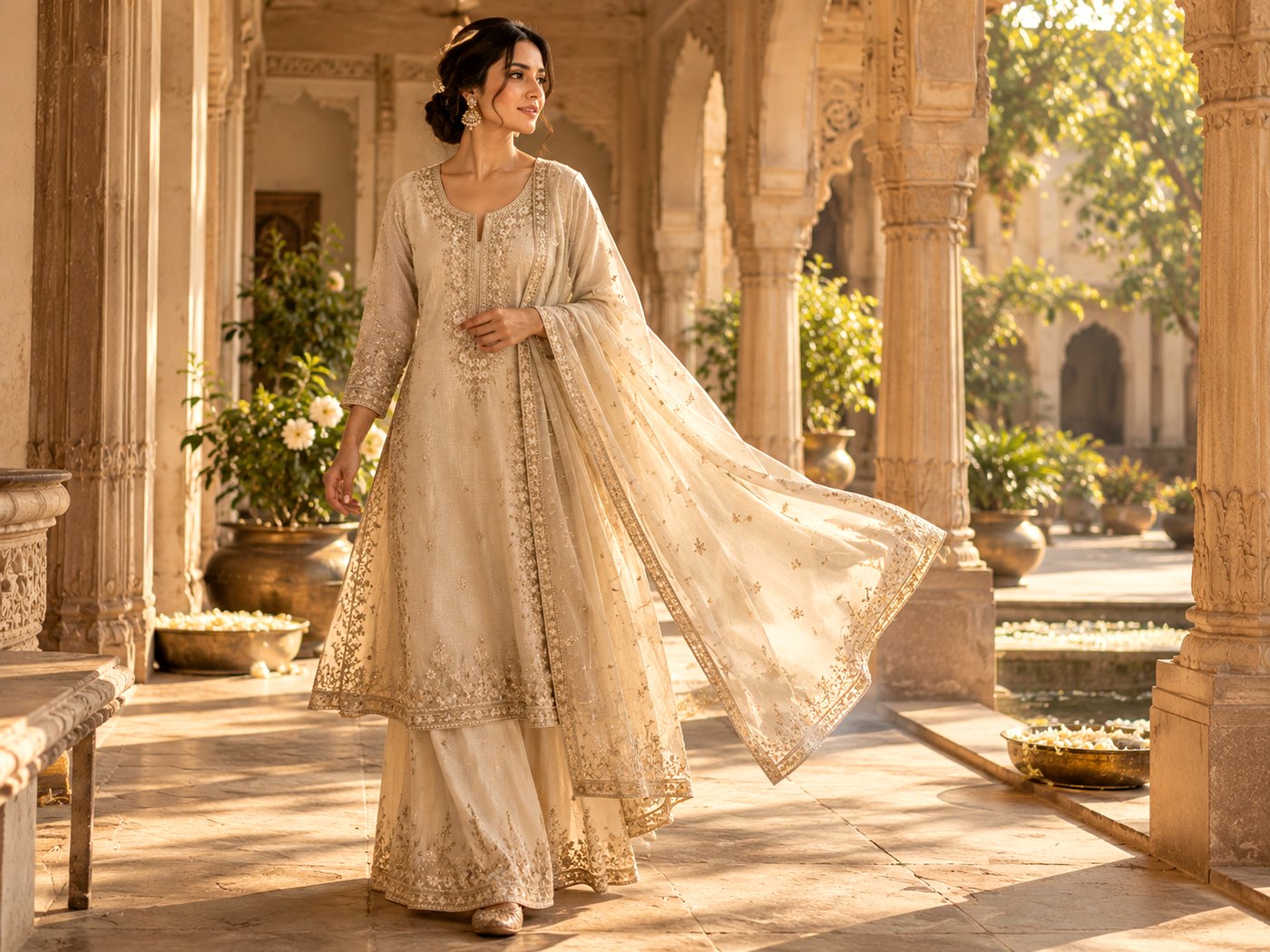 Ivory kurta with gold floral embroidery, worn with matching palazzo trousers and a sheer gold-bordered dupatta