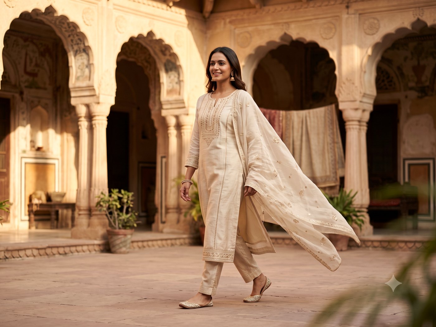 Cream kurta with a gold-embroidered placket, straight trousers and a cream dupatta scattered with gold buti motifs