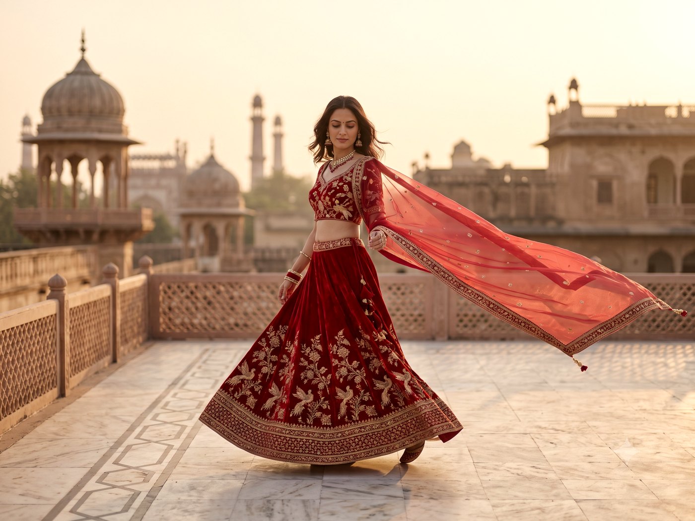 Deep red velvet bridal lehenga embroidered with gold peacock and floral motifs, with a matching red net dupatta