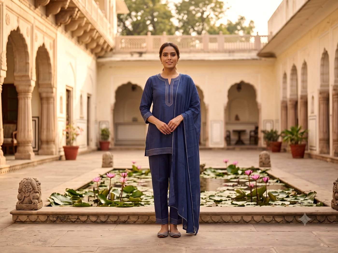 Indigo kurta with white thread embroidery at the neckline, matching straight trousers and an indigo dupatta