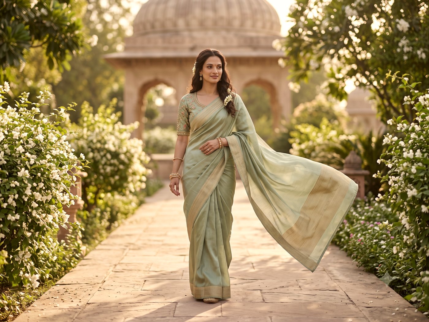 Sage green silk saree with a wide gold zari border, worn with an embroidered blouse