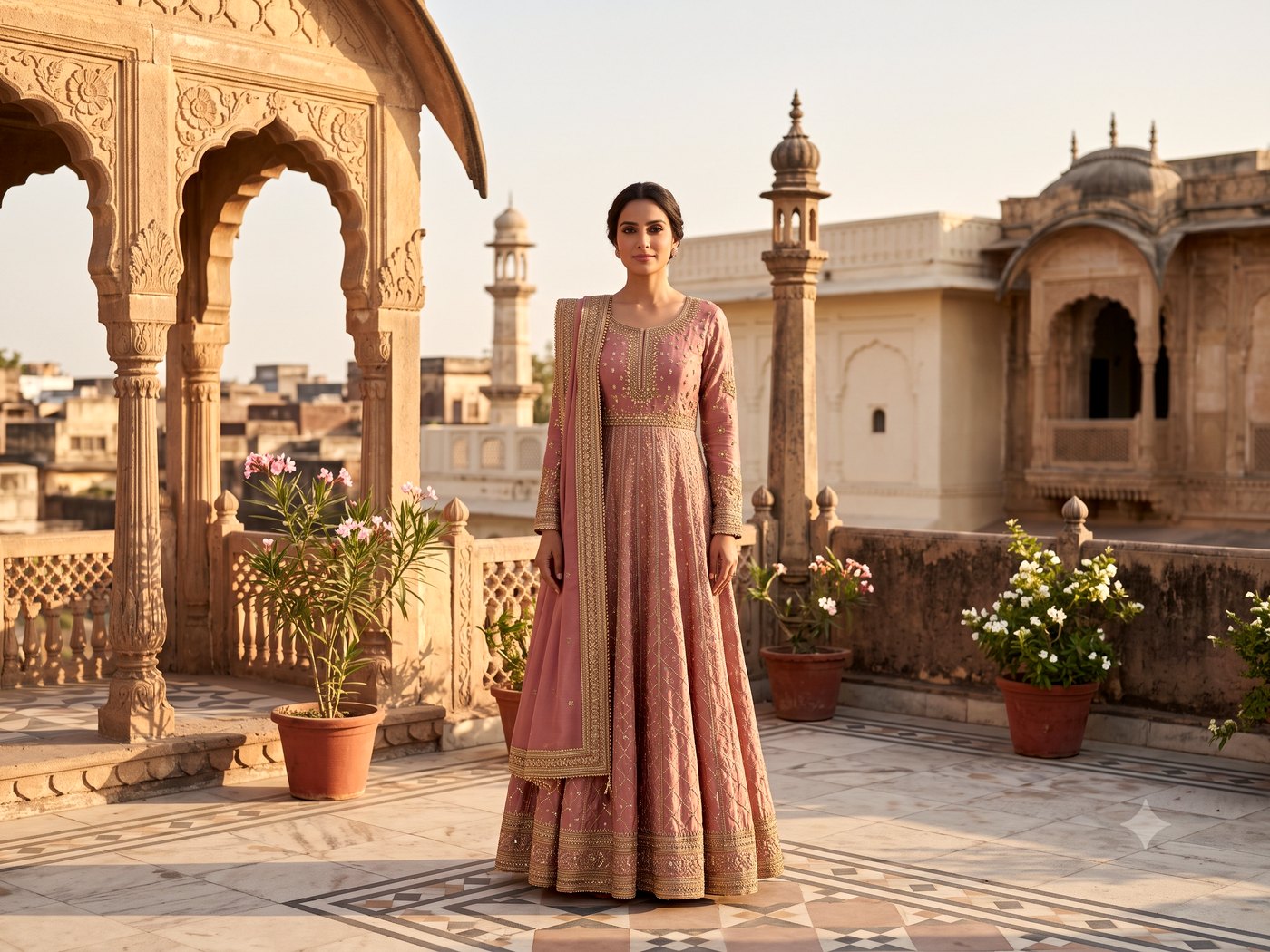 Dusty rose floor-length anarkali with gold embroidery and a gold-bordered dupatta