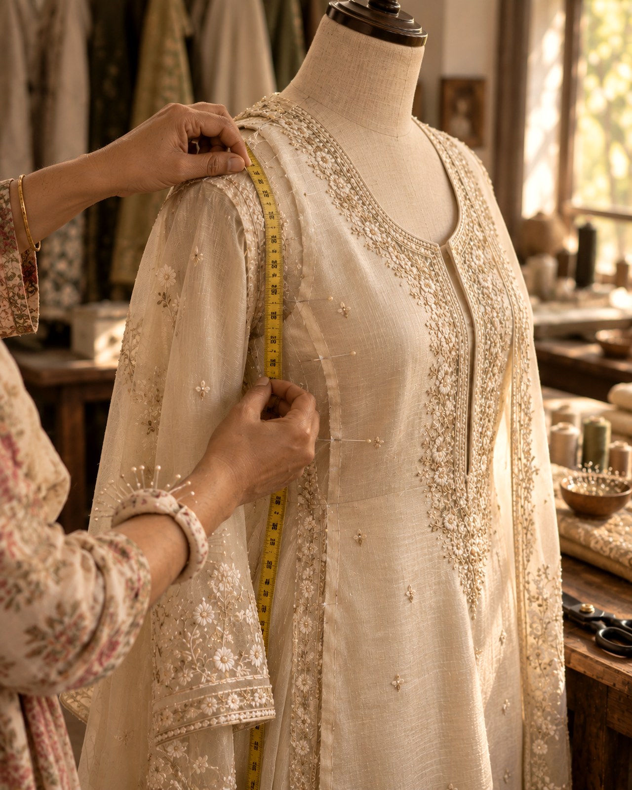 A tailor measuring an ivory embroidered salwar kameez on a dressmaker’s mannequin