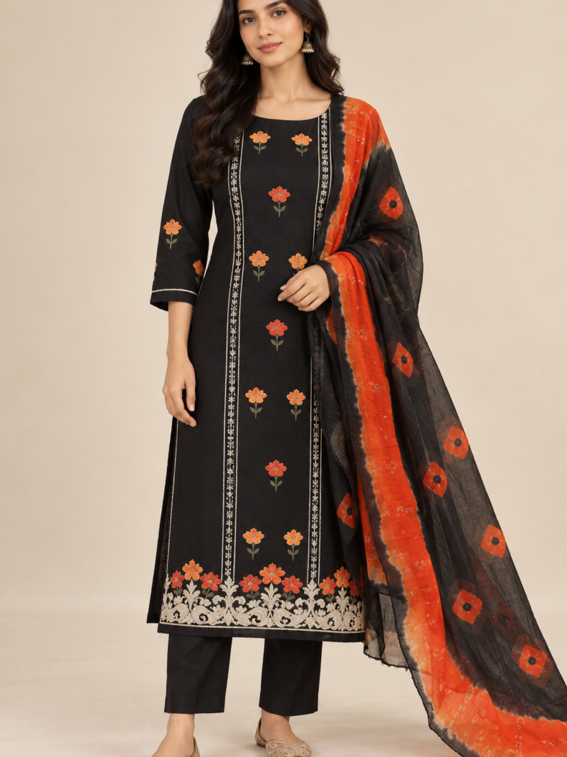 black embroidered kurta with orange dupatta