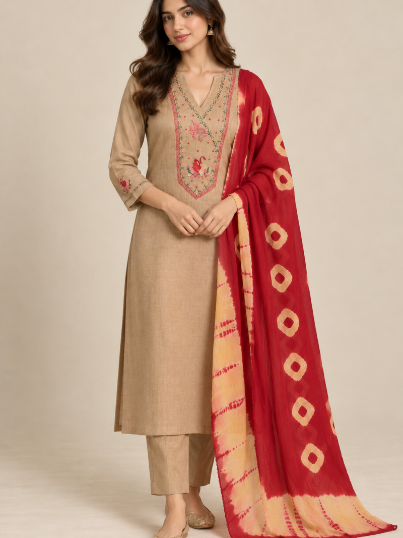 elegant beige kurta with red dupatta