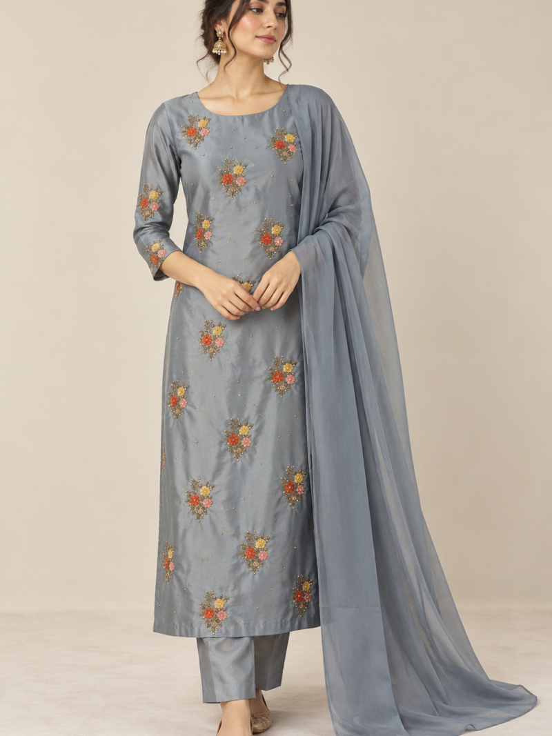 elegant blue grey embroidered kameez portrait