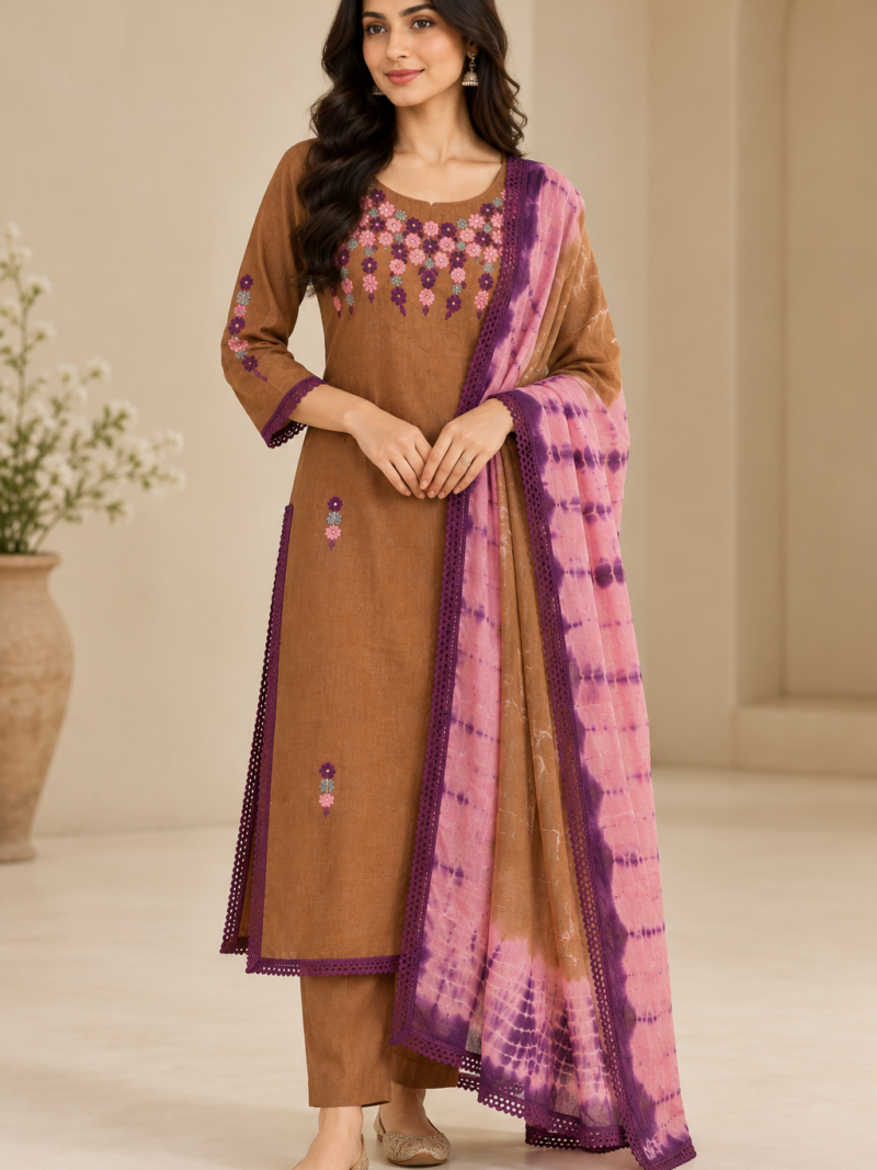 elegant embroidered brown kurta portrait