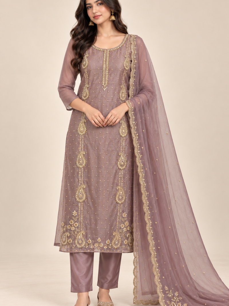 elegant mauve and gold embroidered ensemble