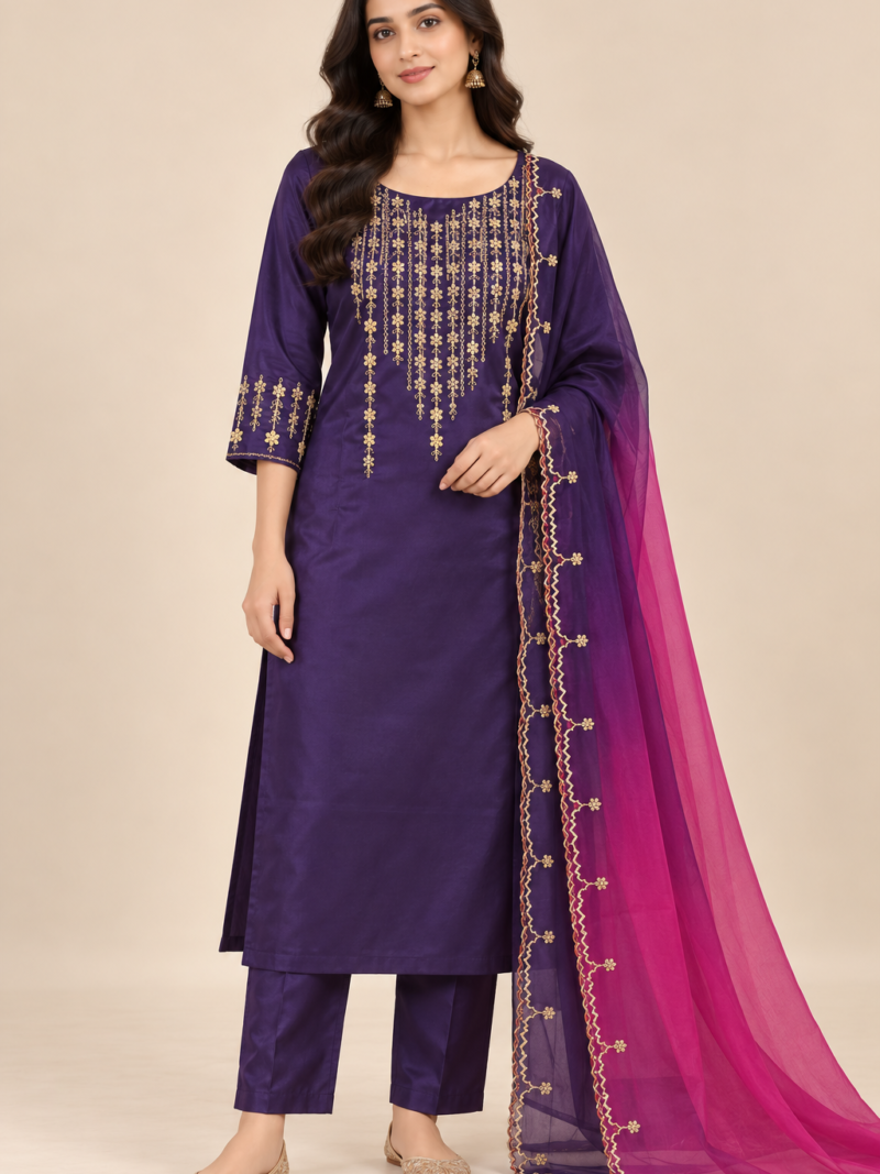 elegant plum kurta with ombre dupatta