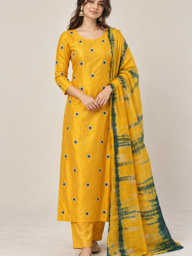 mustard elegance with emerald dupatta