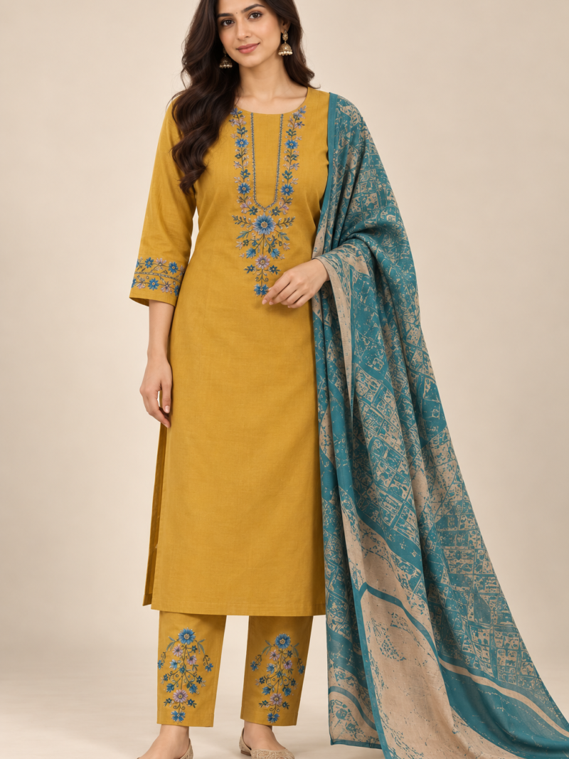 mustard kurta with teal dupatta outfit