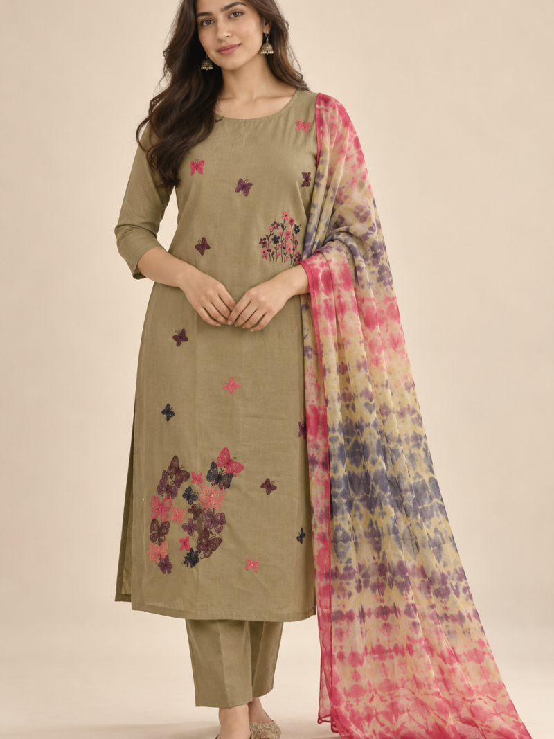 olive embroidered kurta with draped dupatta