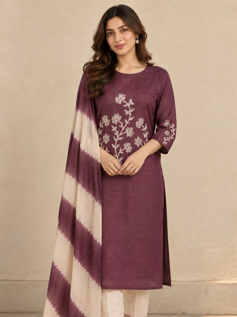 plum kurta with shibori dupatta