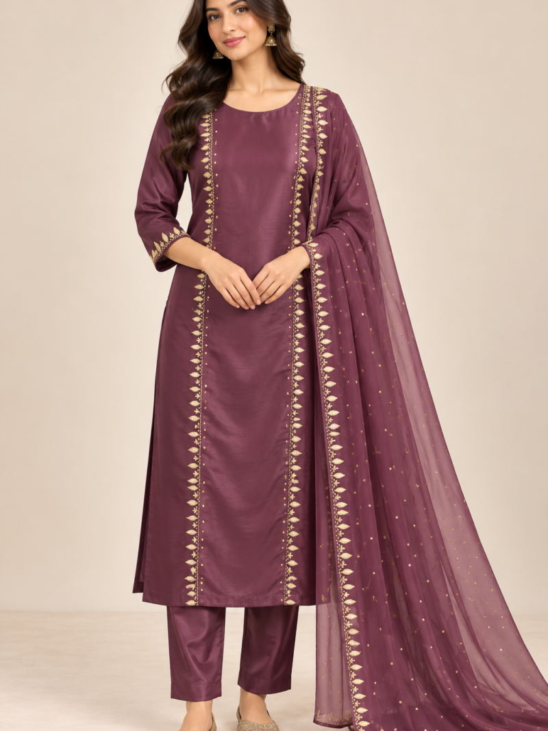 plum satin south asian ensemble